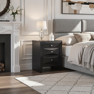 Sunvega Elegant Black Nightstand With Three Drawers for Bedroom Storage