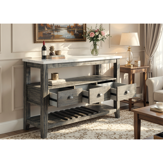 Sunvega Merel White Marble Top and Gray Oak Finish Rectangular Server with 3 Drawers