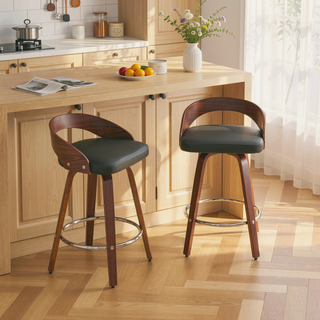 Sunvega Mid-Century Modern Swivel Bar Stools with Soft Cushion Seat and Walnut Finish