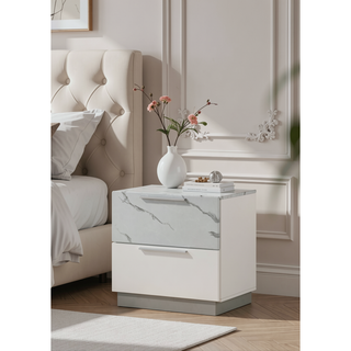 Sunvega Mist Nightstand with Two-Tone High-Gloss Marble Lacquer Finish and Two Spacious Drawers