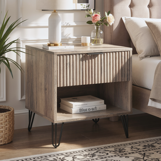 Sunvega Modern Glam Nightstand with Gold Metal Legs and Textured Drawer