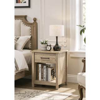 Sunvega Light Oak Finish Nightstand with Drawer and Open Shelf