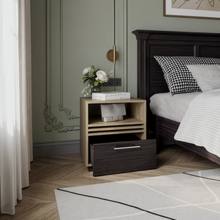 Sunvega Modern Engineered Wood Nightstand with Drawer and Wheels for Bedroom