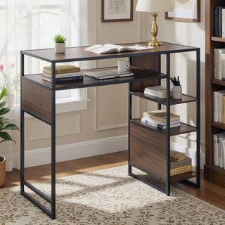 Sunvega Display Farmhouse Bar Height Table with Storage in Black Metal and Walnut Wood