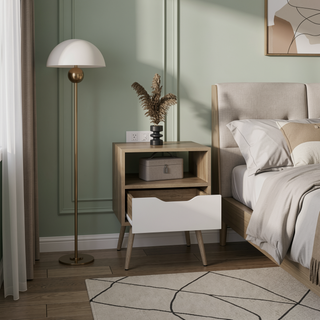 Sunvega Natural Oak and White Nightstand with Drawer and Open Shelf