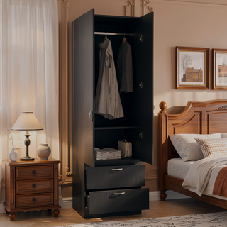 Sunvega 76 Inch High Armoire Wardrobe with 2 Drawers Double Door and Hanging Rod