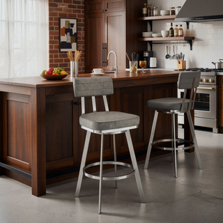 Sunvega Swivel Bar Stool with Gray Faux Leather Upholstery and Brushed Stainless Steel