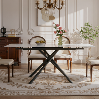 Sunvega Modern Sintered Stone Dining Table with Black Carbon Steel Legs for 6