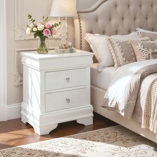 Sunvega White Finish Wooden Nightstand with Faux Alligator Embossed Drawer Fronts