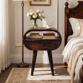 Sunvega Solid Mango Wood Light Walnut Round Bedside Table with Drawer and Open Slot