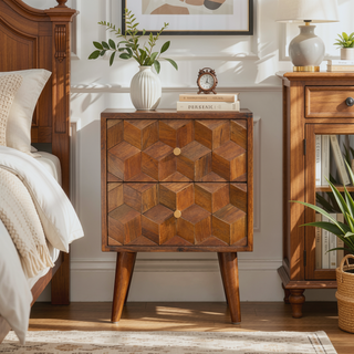 Sunvega Chestnut Cube Carved Nightstand with Nordic Legs and 2 Drawers
