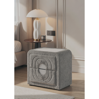 Sunvega White Teddy Sherpa Nightstand With Chrome Crystal Knob And Glass Top