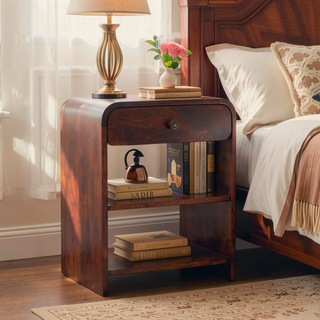 Sunvega Solid Mango Wood Bedside Table with Drawer and Open Shelves