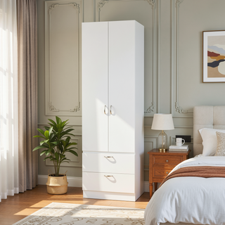 Sunvega White Bedroom Armoire with Spacious Storage Cabinet and Two Drawers