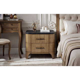 Sunvega Eucalyptus Veneer Nightstand with Stone Top and USB Charging Port