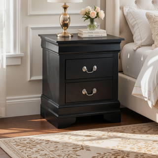 Sunvega Elegant Black Traditional Nightstand with Two Drawers for Bedroom