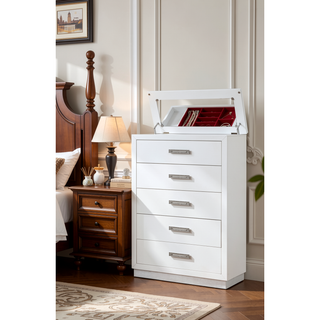 Sunvega Modern 5 Drawer Chest with Mirror Lid Top and Jewelry Tray