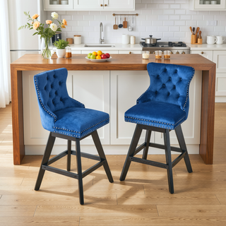 Sunvega Swivel Velvet Barstools with Button Tufted Back and Chrome Nailhead Trim