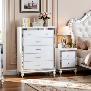 Sunvega Sterling Mirror Framed 5-Drawer Chest in White with Metallic Finish