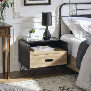 Sunvega Oak and Black Nightstand with Hairpin Legs and One Drawer