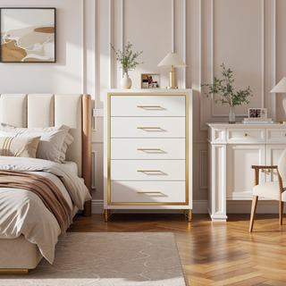 Sunvega Bright White Modern Five-Drawer Chest with Gold Trim for Bedroom