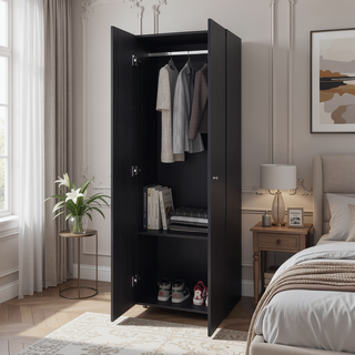 Sunvega Wenge 2-Door Tall Wardrobe Cabinet with Hanging Rod for Bedroom