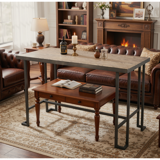 Sunvega Industrial Counter Table with Brown Bamboo Top and Sturdy Metal Frame