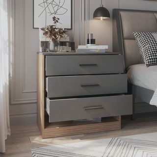 Sunvega 27" High Three Drawer Dresser And Open Shelf In Gray Oak