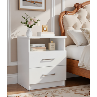 Sunvega White Nightstand with Two Drawers and Open Shelf for Bedroom Storage