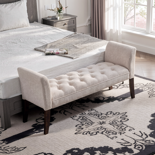 Sunvega Traditional Button Tufted Upholstered Bench with Arms and Solid Wood Legs for Bedroom