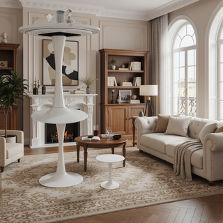 Sunvega Round White Pedestal Side Table with Marble Effect Top for Living Room
