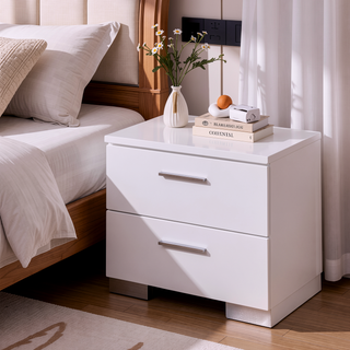 Sunvega White and Chrome 2-Drawer Nightstand with High Gloss Finish and Smooth Ball Bearing Glides