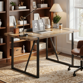 Sunvega Rustic Industrial Rectangular Wood Dining Table for 4-6 Person with Black Metal Legs