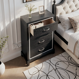 Sunvega Modern Black Nightstand with Two Drawers and Built-In AC USB Outlets