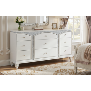 Sunvega Platinum Finish Dresser with Nine Spacious Drawers and Crystal Knobs