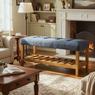 Sunvega Light Blue and Oak Tufted Padded Seat Bench with Open Slatted Shelf