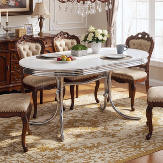 Sunvega White and Chrome Oval Dining Table with Sturdy Retro Base for Elegant Dining