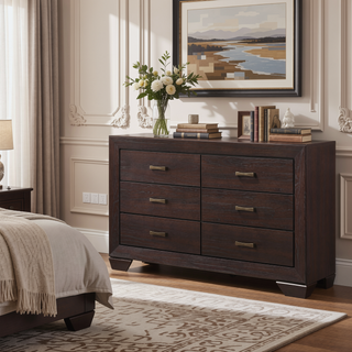Sunvega Transitional Dark Cocoa Dresser with Six Spacious Drawers for Modern Bedrooms