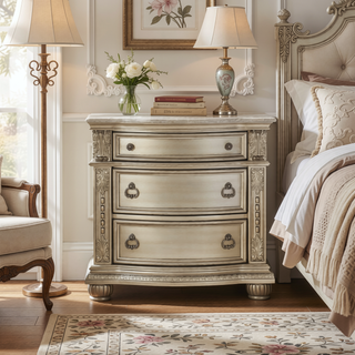 Sunvega Silver Finish European Design Nightstand with Genuine Marble Top