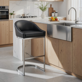 Sunvega Brushed Stainless Steel Bar Stool with Black Faux Leather Upholstery