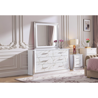 Sunvega Marble Patterned Dresser with Six Spacious Drawers and Sleek White Finish