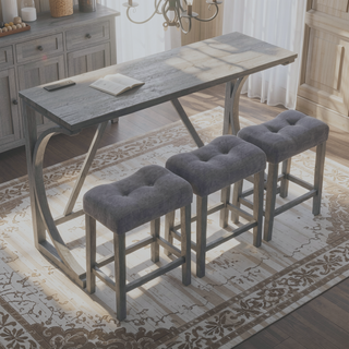 Sunvega 59 Inch Bar Table Set with Power Outlet and 3 Upholstered Stools for Living Room