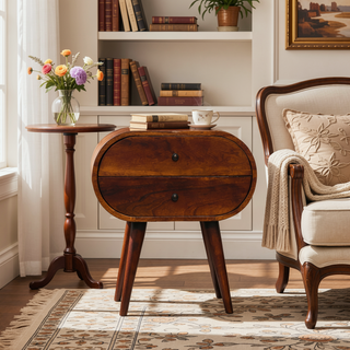 Sunvega Solid Mango Wood Chestnut Round Bedside Table with 2 Drawers and Nordic Legs