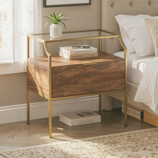 Sunvega Modern Brown Finish Night Stand with Spacious Drawer and Glass Top