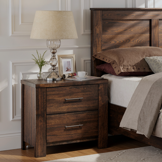 Sunvega Oak Nightstand with Two Drawers and Antique Brass Hardware for Bedroom