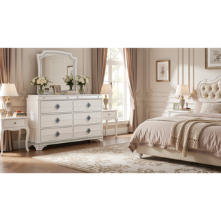 Sunvega Modern White Dresser with Six Soft Closing Drawers and Crystal Accent Handles