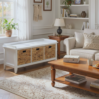 Sunvega Low-Profile Storage Bench with Three Spacious Brown Rattan Drawer Baskets