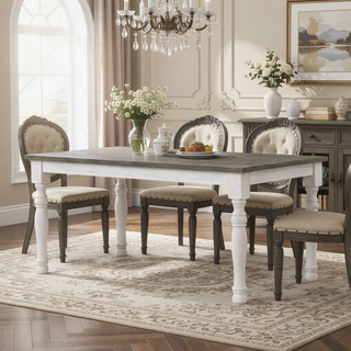 Sunvega Farmhouse Two-Tone Distressed Wood Dining Table with Turned-Leg Design