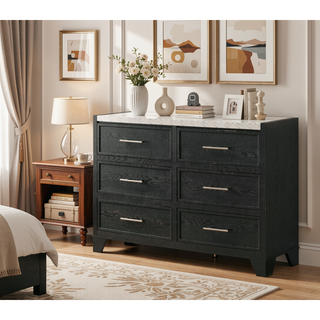 Sunvega Modern Nightstand with Faux Marble Top Two Drawers Black Finish