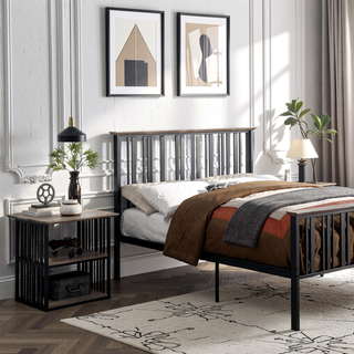 Sunvega Antique Oak and Black 3-Shelf Nightstand with Slatted Metal Frame